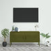 Olive green steel TV cabinet with storage doors and adjustable levellers in modern living room