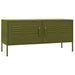 Olive green steel TV cabinet with two vented storage doors and adjustable levellers