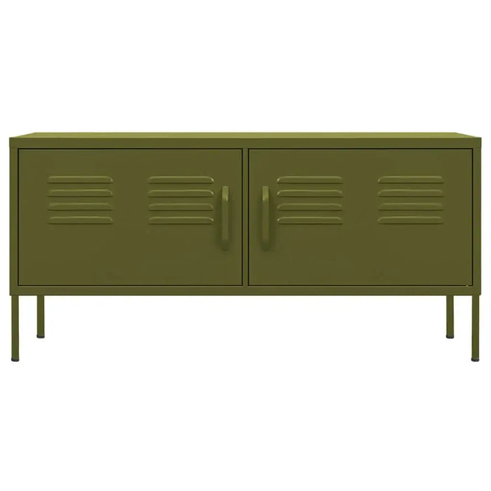 Olive green steel TV cabinet with storage doors and adjustable levellers