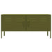 Olive green steel TV cabinet with storage doors and adjustable levellers