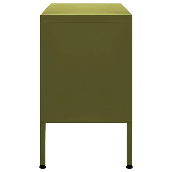 Olive green steel TV cabinet with storage doors and adjustable levellers, modern media unit