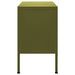 Olive green steel TV cabinet with storage doors and adjustable levellers, modern media unit