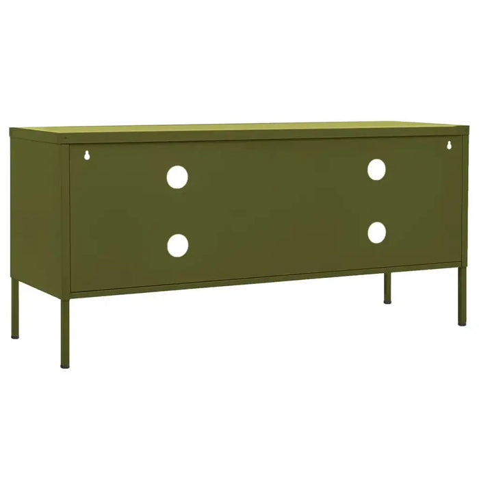 Olive green steel TV cabinet with storage doors and four round ventilation holes, raised on metal legs