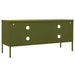 Olive green steel TV cabinet with storage doors and four round ventilation holes, raised on metal legs