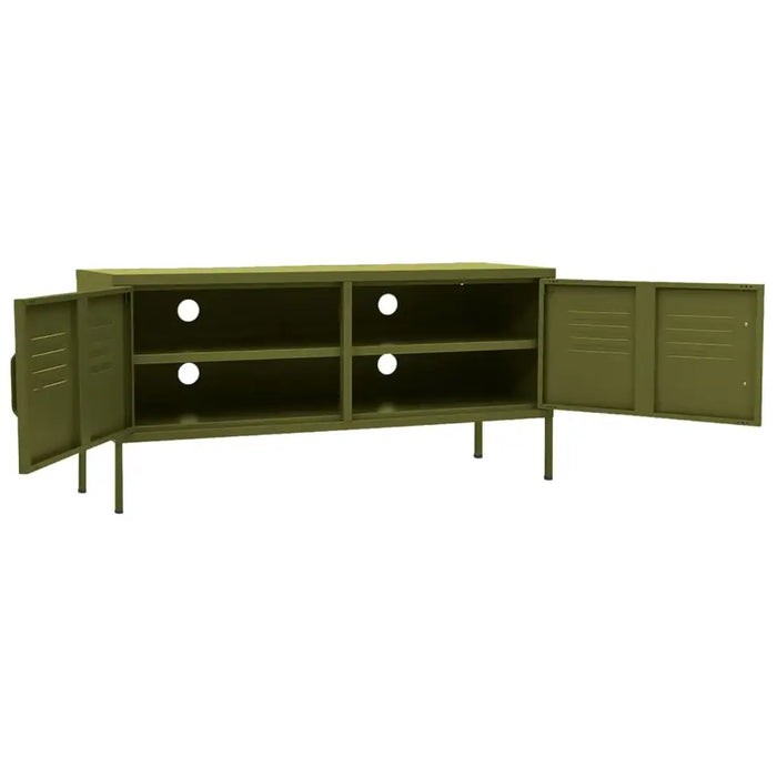 Olive green steel TV cabinet with open storage doors and adjustable legs