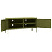 Olive green steel TV cabinet with open storage doors and adjustable legs