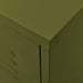 Close-up of olive green steel TV cabinet corner with storage doors and smooth finish