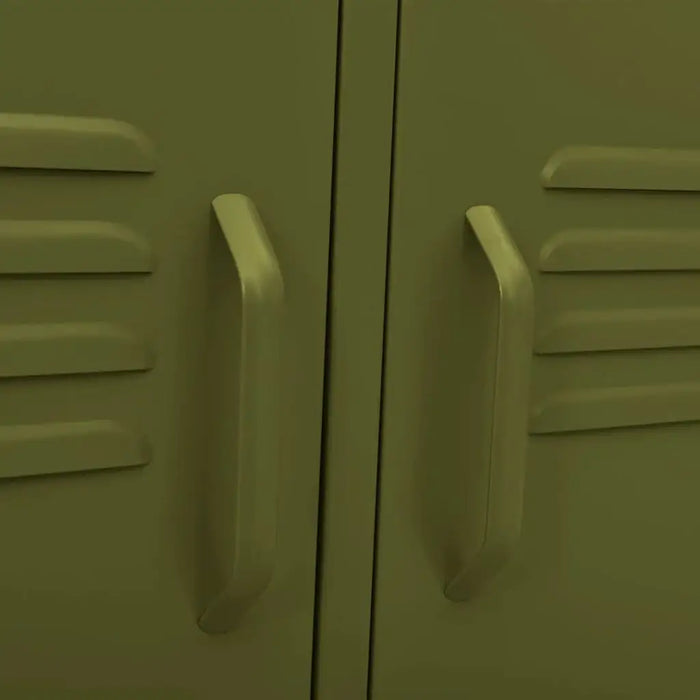 Close-up of olive green steel TV cabinet metal handles and ventilation slits from Little and Giant Explorers