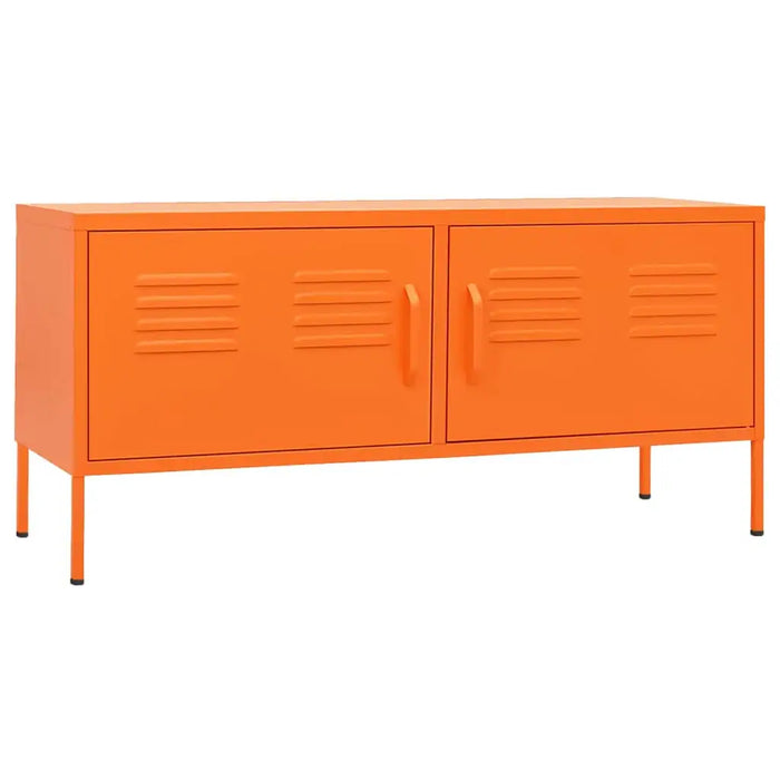 Orange steel TV cabinet with two storage doors and adjustable levellers, modern media unit