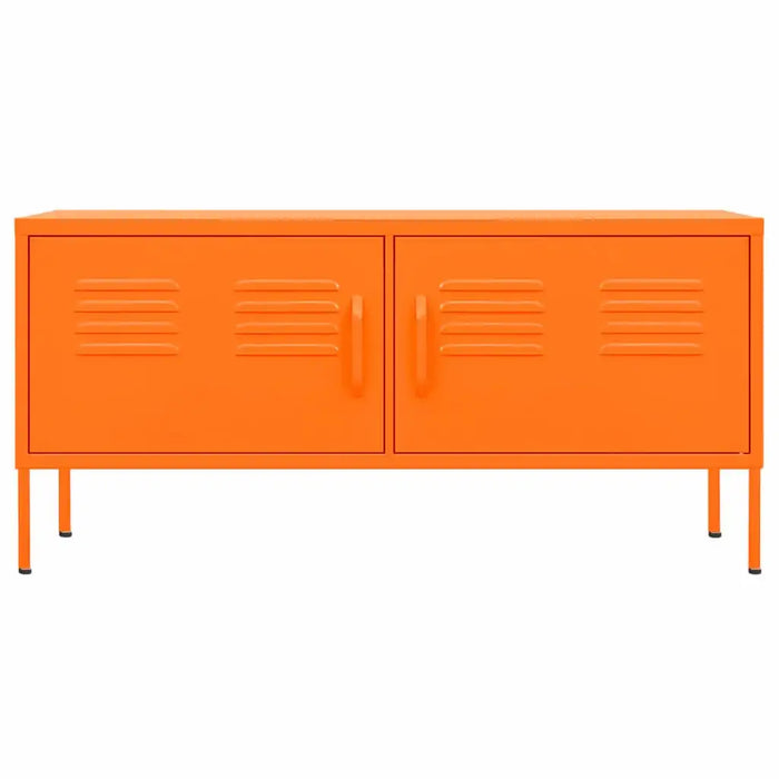 Bright orange steel TV cabinet with two storage doors and adjustable legs modern media unit