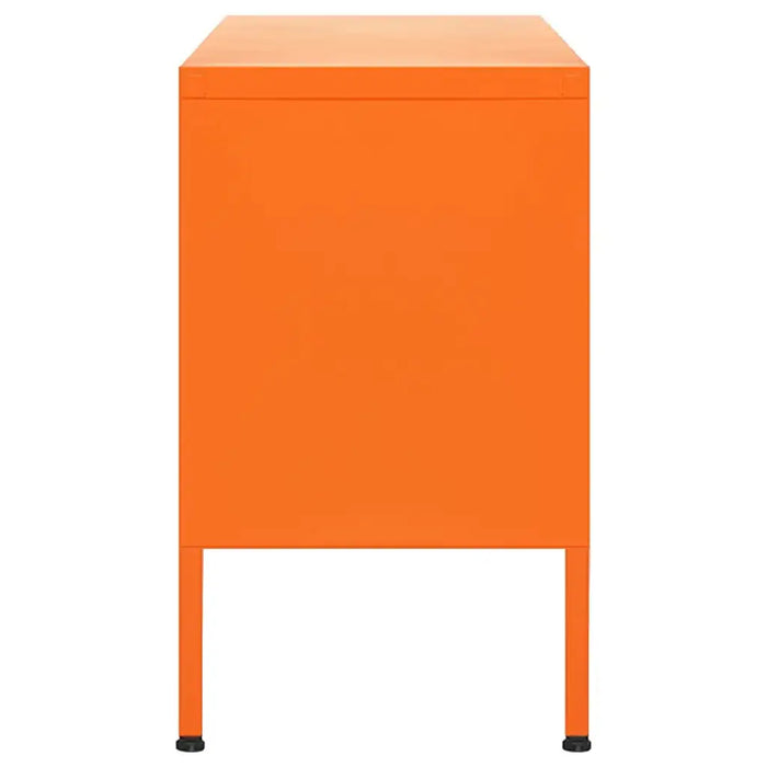 Orange steel TV cabinet with storage doors and adjustable levellers, modern media unit