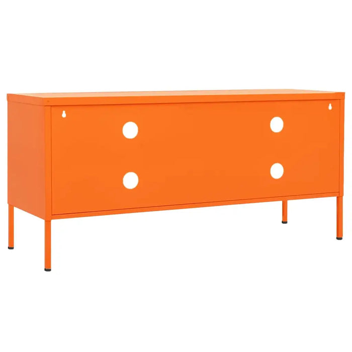 Orange steel TV cabinet with storage doors and adjustable levellers from Little and Giant Explorers