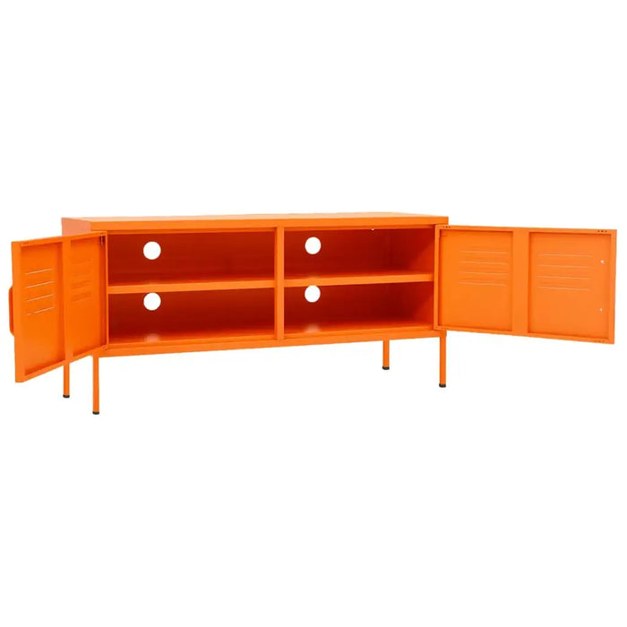 Orange steel TV cabinet with two open doors, adjustable levellers, and storage shelves with cable holes