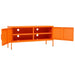 Orange steel TV cabinet with two open doors, adjustable levellers, and storage shelves with cable holes