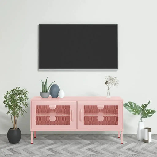 Minimalist living room with pink metal cabinet, flat screen TV, and decorative plants