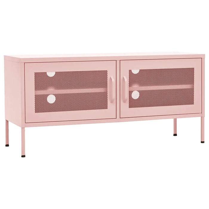 Pink metal storage cabinet with mesh doors and shelves, modern kids furniture for playroom
