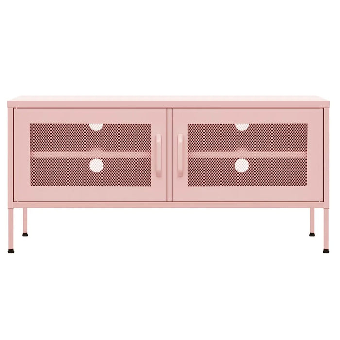 Pink metal storage cabinet with two mesh doors and handles, standing on four legs