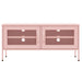 Pink metal storage cabinet with two mesh doors and handles, standing on four legs