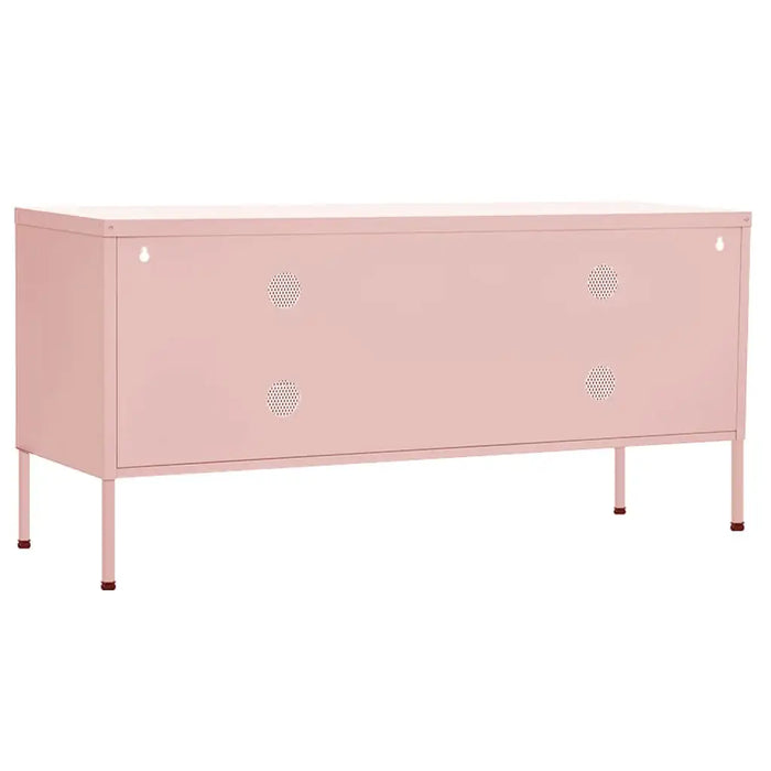 Pink metal storage bench with perforated ventilation holes and slender legs