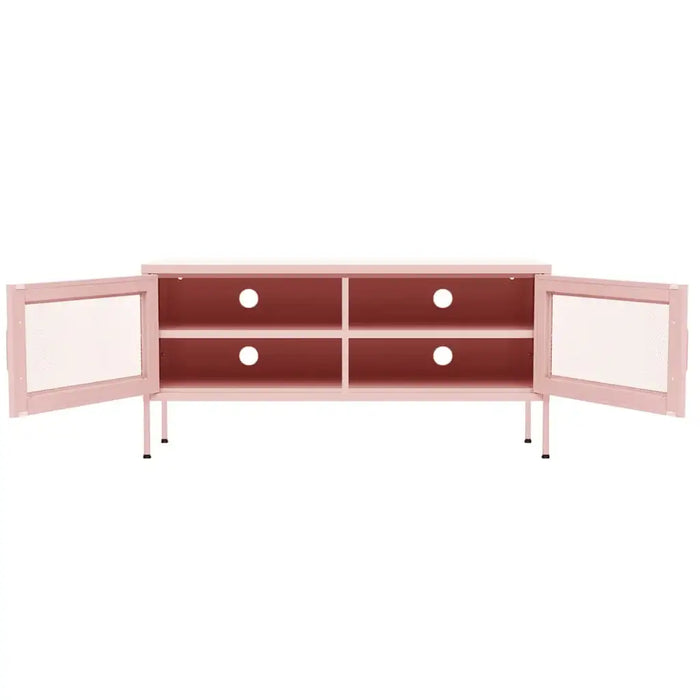 Pink metal storage cabinet with open mesh doors and four shelves featuring cable management holes