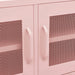Close-up of pink metal cabinet doors with curved handles and diamond mesh panels
