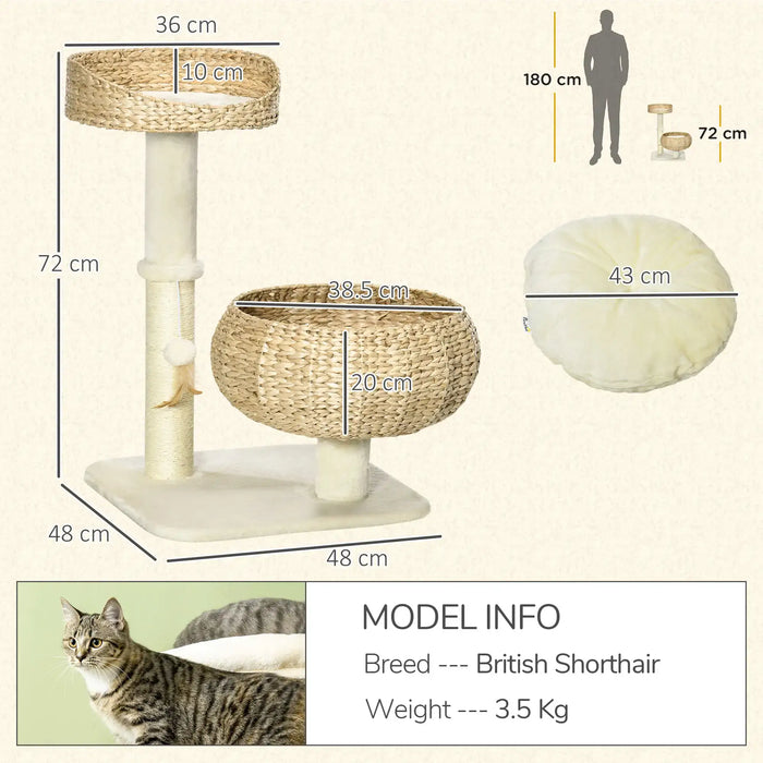 Beige cat tree with two woven baskets, scratching posts, and a plush cushion, detailed dimensions shown