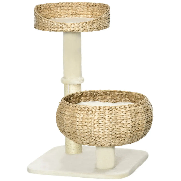 Two-tier cat tree with beige sisal rope scratching posts and woven basket and platform beds