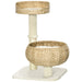 Two-tier cat tree with beige sisal rope scratching posts and woven basket and platform beds