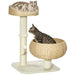 Two cats sitting on a beige woven two-level cat tree with scratching post and hanging toy