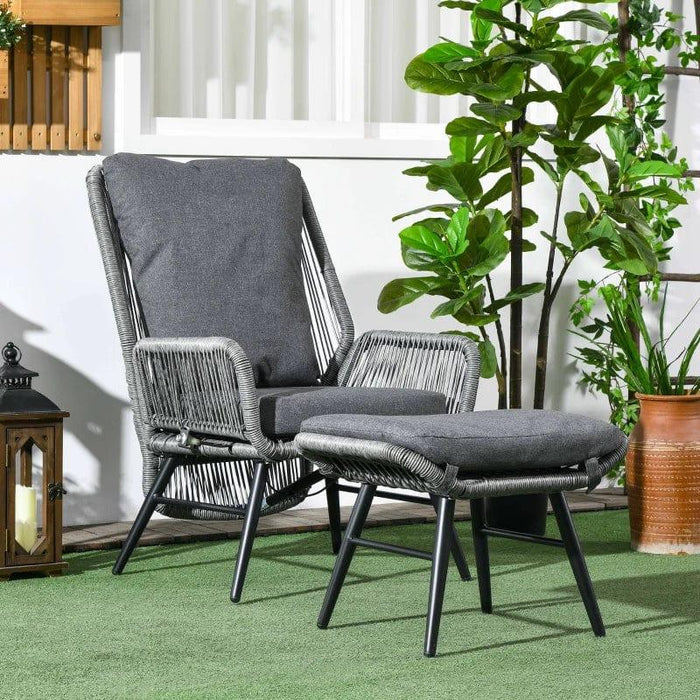 String Rattan Armchair and Footstool Set with Grey Cushions - Little and Giant Explorers Outsunny