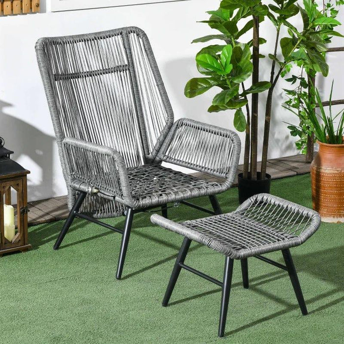 String Rattan Armchair and Footstool Set with Grey Cushions - Little and Giant Explorers Outsunny