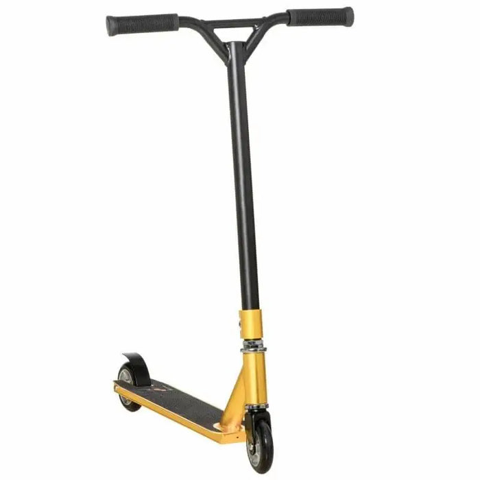 Gold stunt scooter with black handlebar, steel and aluminum frame, 360 swivel design