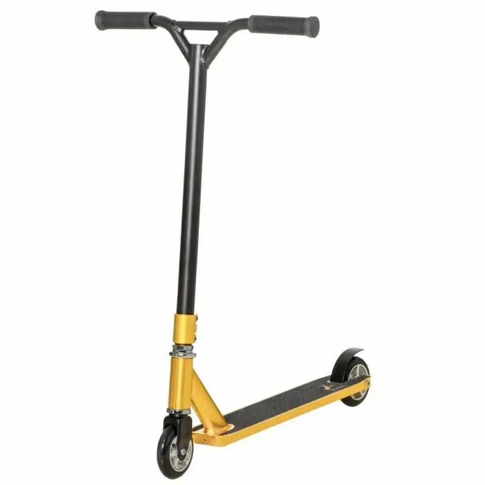 Gold stunt scooter with black handles and wheels, steel and aluminum frame, white background
