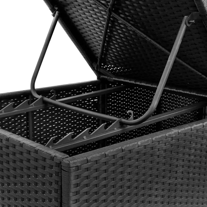 Open black poly rattan storage box with hinged lid and metal frame