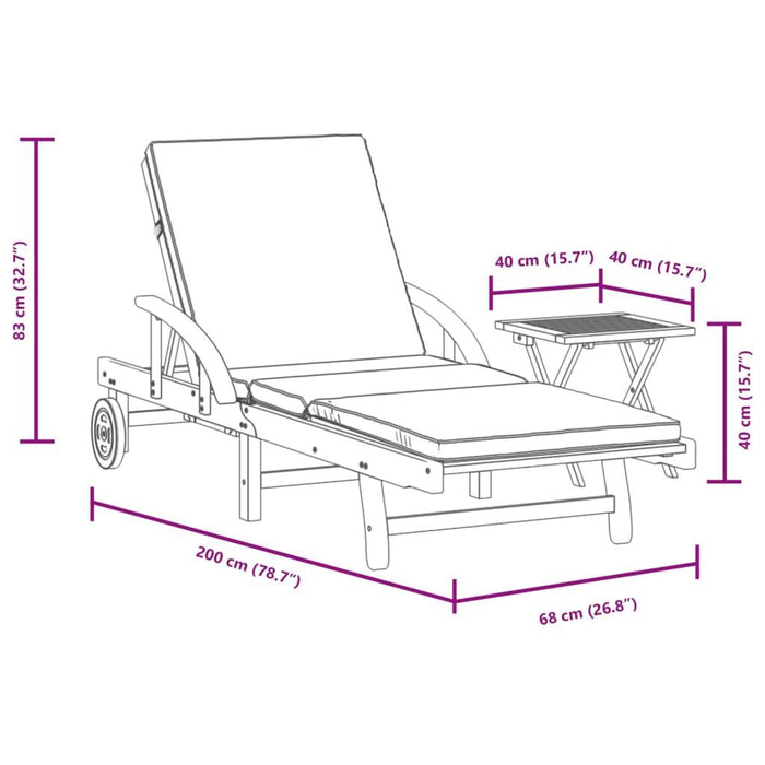 Sun Lounger with Cushion and Table in Solid Wood Acacia - Little and Giant Explorers vidaXL