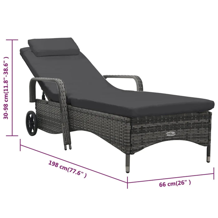 Sun Lounger with Wheels in Grey and Poly Rattan - Little and Giant Explorers vidaXL