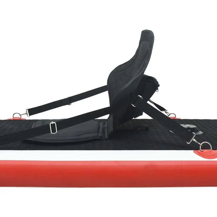 Foldable SUP board seat with adjustable straps on a paddle board and red side rail