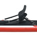 Foldable SUP board seat with adjustable straps on a paddle board and red side rail
