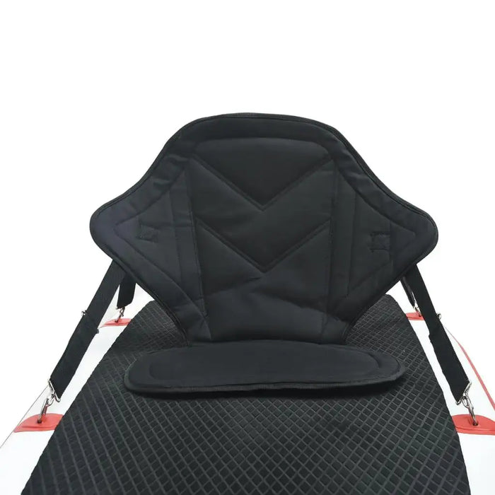 Foldable black SUP board seat with adjustable straps on a paddle board deck