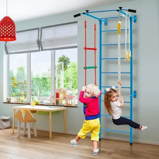 Swedish Ladder Set - Kids Indoor Wall Gym | Stall Bars Set with Ladder, Pull-Up Bar, Rope and Rings COSTWAY - Little and Giant Explorers Costway