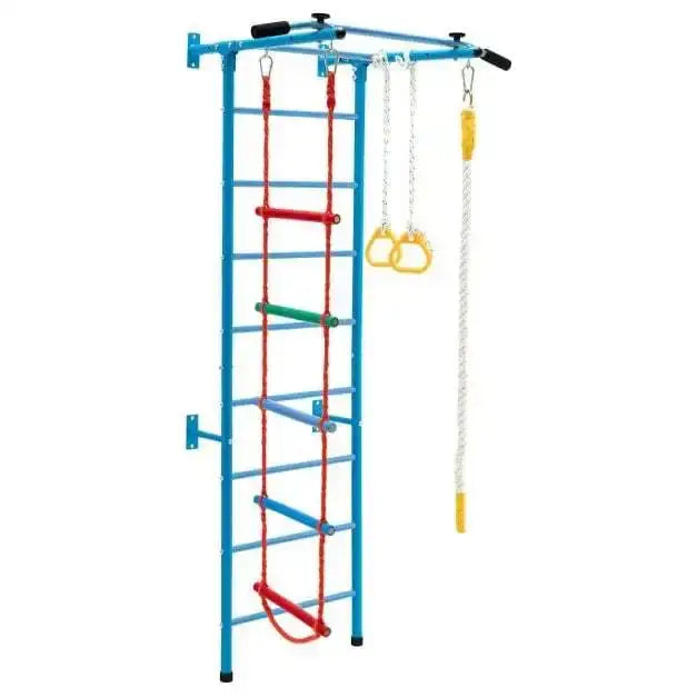 Swedish Ladder Set - Kids Indoor Wall Gym | Stall Bars Set with Ladder, Pull-Up Bar, Rope and Rings COSTWAY - Little and Giant Explorers Costway