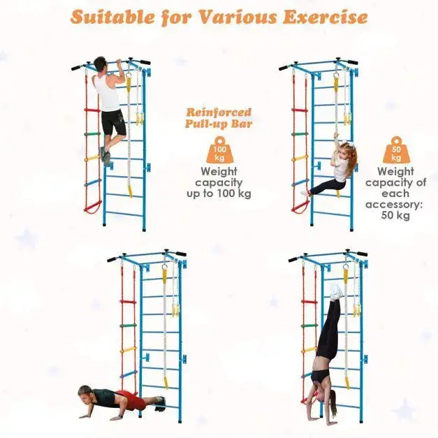 Swedish Ladder Set - Kids Indoor Wall Gym | Stall Bars Set with Ladder, Pull-Up Bar, Rope and Rings COSTWAY - Little and Giant Explorers Costway