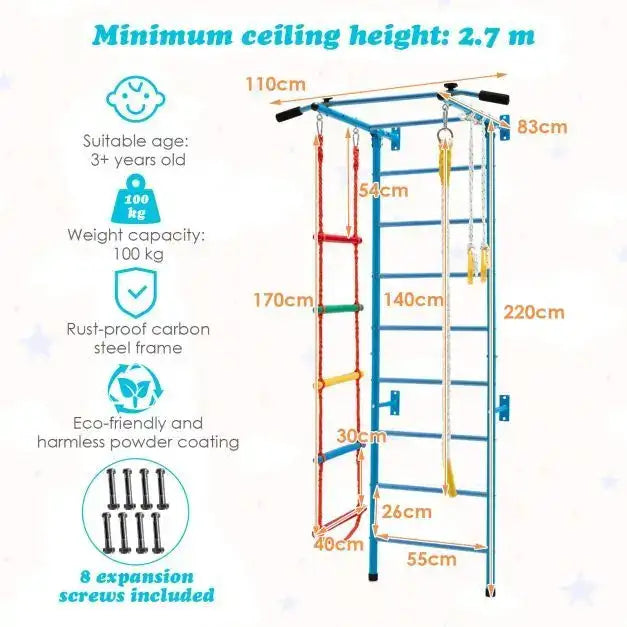 Swedish Ladder Set - Kids Indoor Wall Gym | Stall Bars Set with Ladder, Pull-Up Bar, Rope and Rings COSTWAY - Little and Giant Explorers Costway