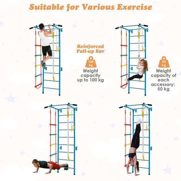 Swedish Ladder Set with Climbing Frame, Pull-Up Bar, Ropes and Rings - Little and Giant Explorers Costway