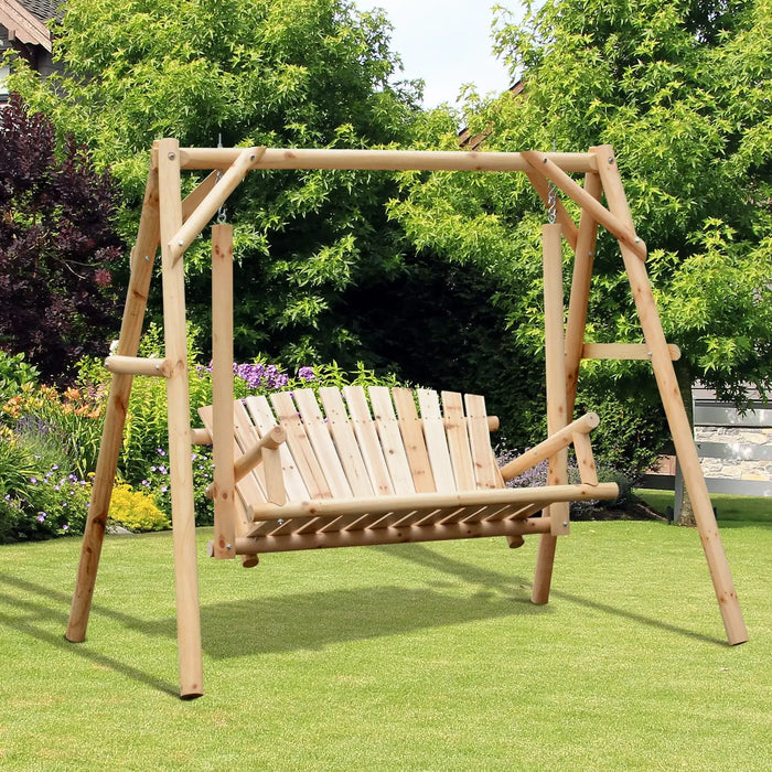 Swinging Garden Chair Natural Wood | Curved Back Design for Two-Seat Outdoor Relaxation - Little and Giant Explorers Outsunny