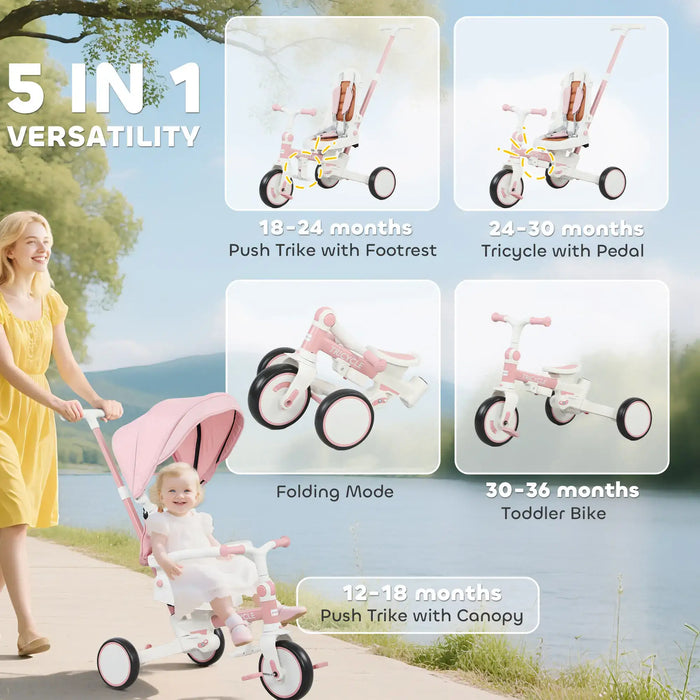 5-in-1 versatility of a children's tricycle with a woman and child outdoors.