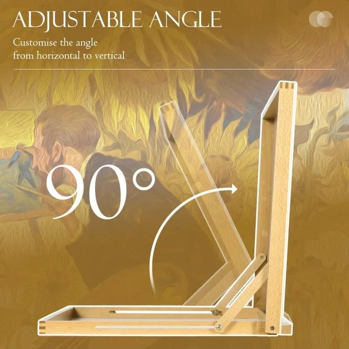 Beechwood tabletop easel with adjustable angle set to 90 degrees, on a painted background.