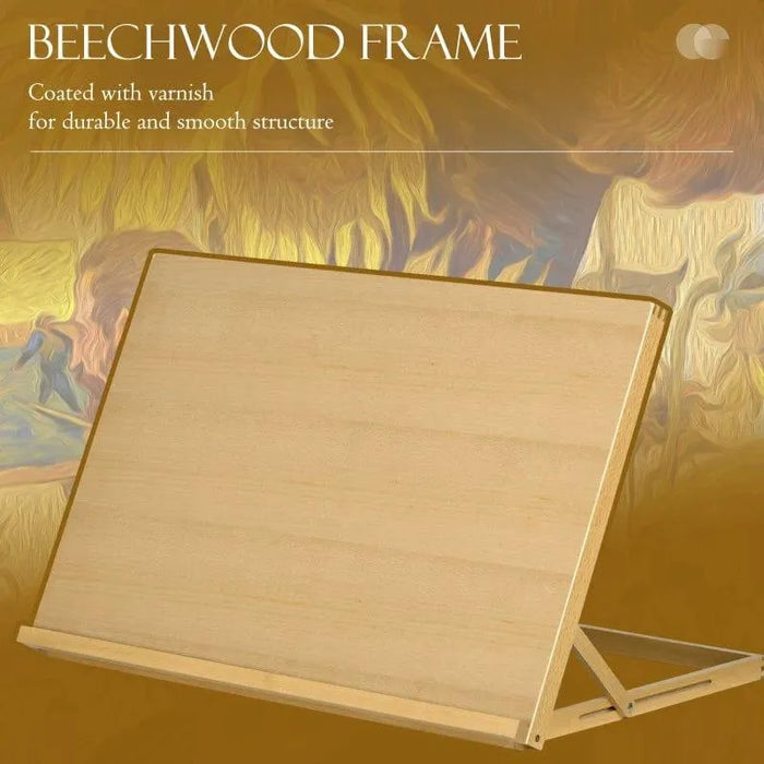 Beechwood tabletop easel with adjustable angle on a golden background.
