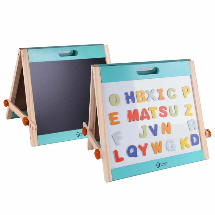 Tabletop Easel – Chalkboard, Magnetic Whiteboard and Letters | Foldable Portable Wooden Art Station CLASSIC WORLD - Little and Giant Explorers Classic World