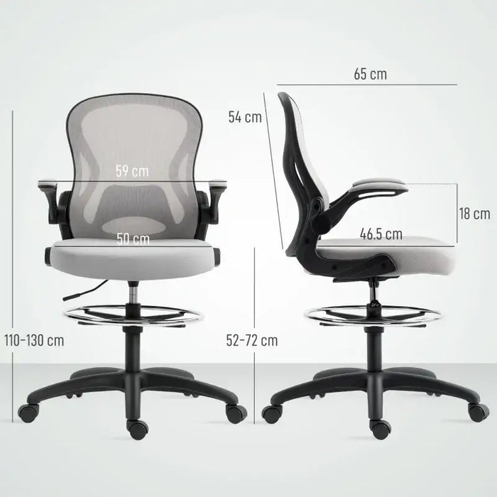 Tall Draughtsman Office Chair - Grey | Flip-Up Arms and Adjustable Footrest VINSETTO - Little and Giant Explorers Vinsetto